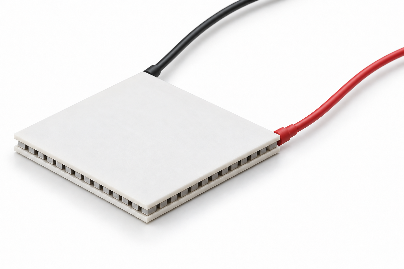 3D illustration of a Peltier module with red and black leads exiting from separate corners